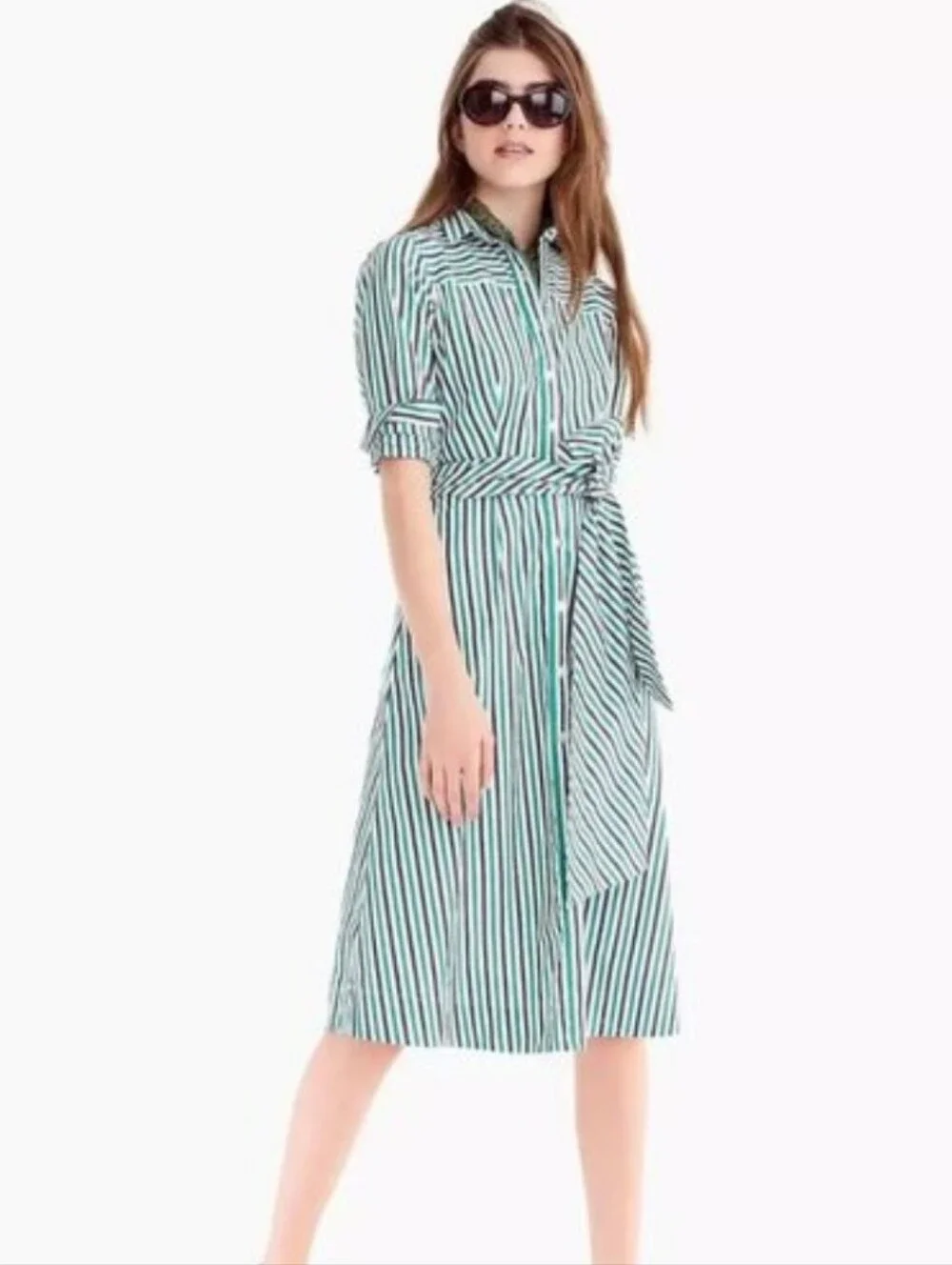 J Crew Tie Waist Shirt Dress Navy/ Green/ White Stripes Size 00 - Picture 2 of 11